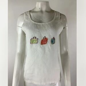 Vintage 90s Liz & Jane Sz M 100% Linen Boxy Embroidered Tank Top White Pullon